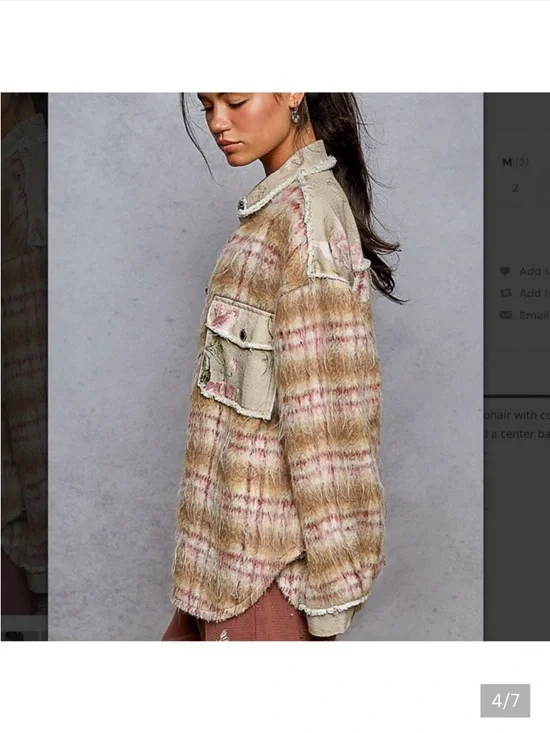 #192 POL New Plaid Fuzzy Shacket with Floral Patch Pockets - Pink, Beige - Picture 7 of 8